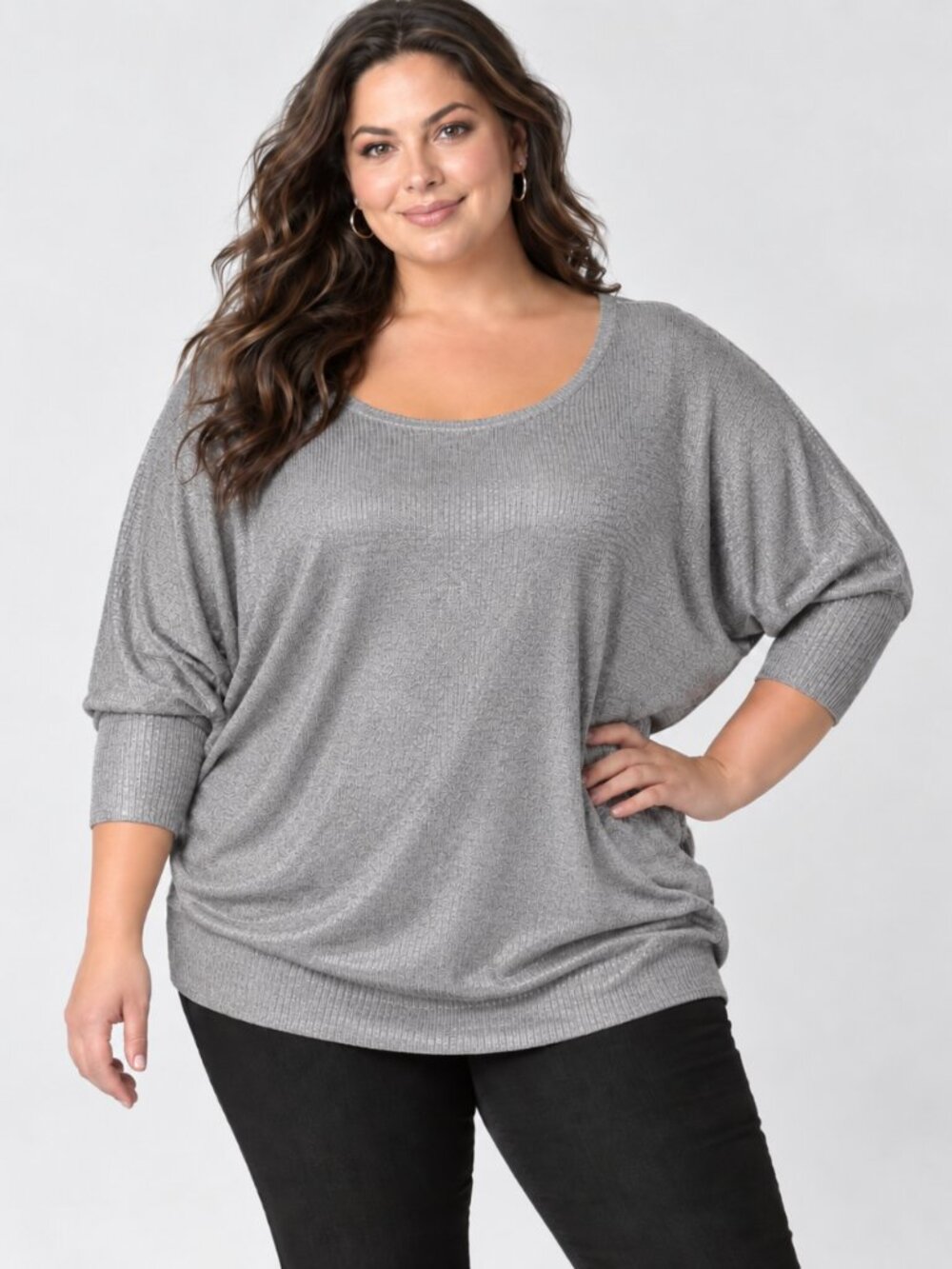Lane Bryant Women 18/20 Gray Silver Metallic Knit Dolman Scoop Neck Pullover